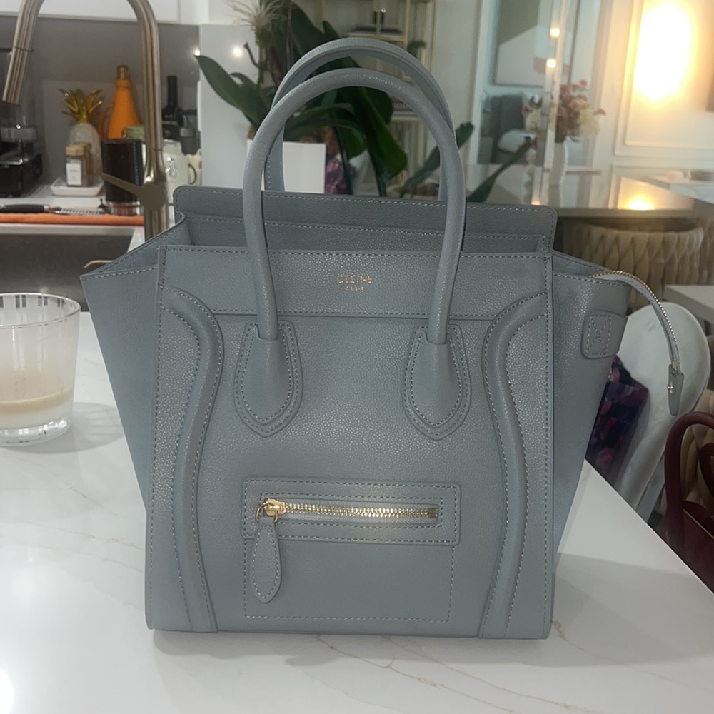Designer inspired handbag blue gray tote with gold hardware